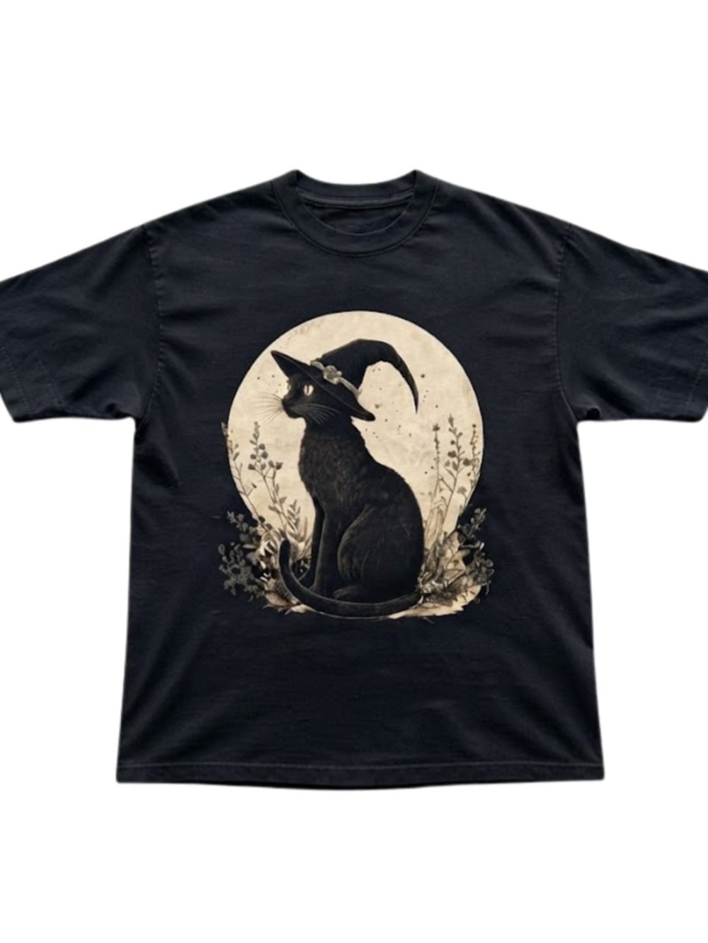 Gildan Black T-Shirt with Beige Moon & Black Witch Cat Graphic